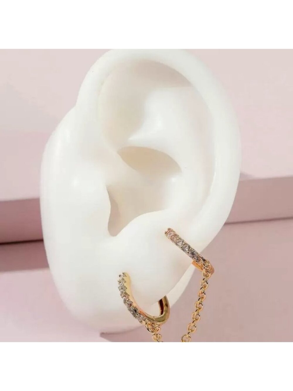 Gold 1pc Double Hoop Chain Earring— Dainty Linked Drop Design - Picture 3 of 3